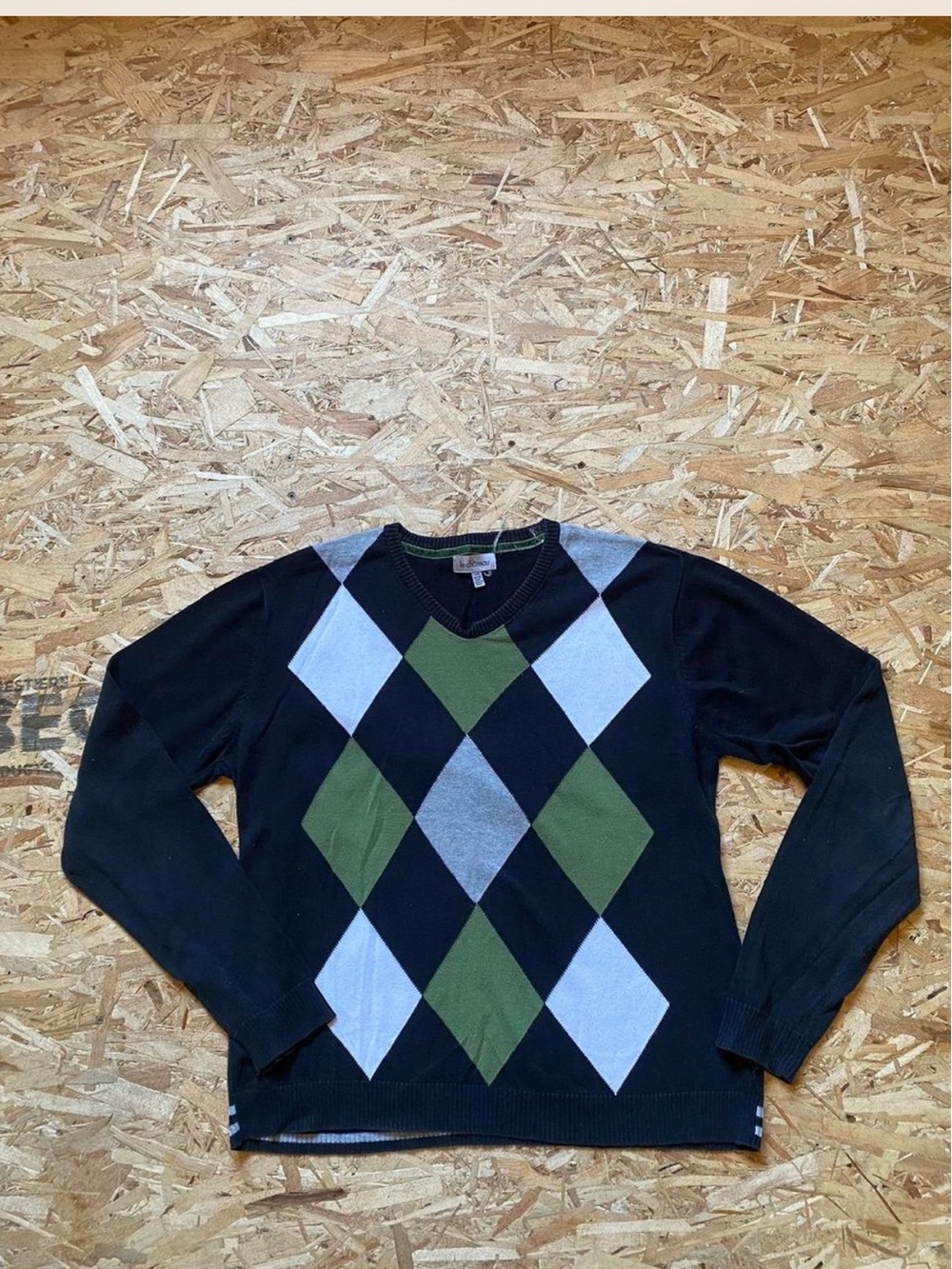 Le Chateau Black V-Neck Argyle Sweater with Green and Gray Diamonds